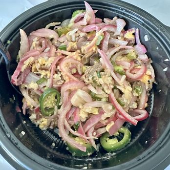 Copper Hill BBQ - Bowl, some rice, jalapeños and a few pieces of meat mixed in with a whole onion. - Barbeque Near Me - Valencia, California Copper Hill BBQ - Bowl, some rice, jalapeños and a few pieces of meat mixed in with a whole onion. - Barbeque Near Me - Valencia, California