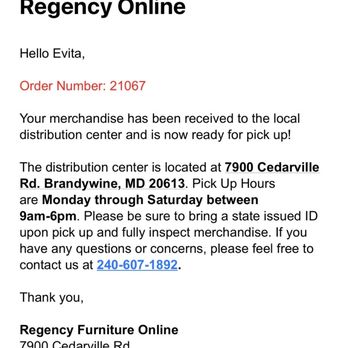 Regency Furniture - Email correspondence - Furniture Stores Near Me - Brandywine, Maryland Regency Furniture - Email correspondence - Furniture Stores Near Me - Brandywine, Maryland