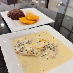 Azucar - Chicken Limón Saltimbo with congri and tostones