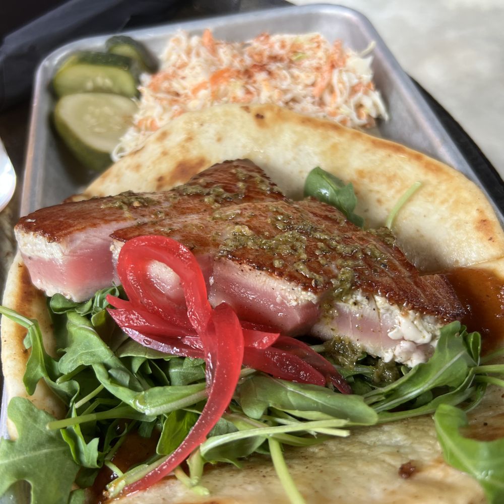 Lost Nation Brewing - Ahi tuna flatbread w/ side of slaw & pickles - Breweries Near Me - Morrisville, Vermont Lost Nation Brewing - Ahi tuna flatbread w/ side of slaw & pickles - Breweries Near Me - Morrisville, Vermont