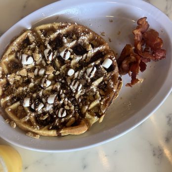 Wafflez N Creamz - S'mores Waffle and what's left of a side of bacon - Chicken Shop Near Me - Houston, Texas Wafflez N Creamz - S'mores Waffle and what's left of a side of bacon - Chicken Shop Near Me - Houston, Texas