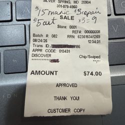 Nonitemized receipt but she gave me the calculation. for 3 artificial nails a repair fee of $9; 15 cuticle trim!