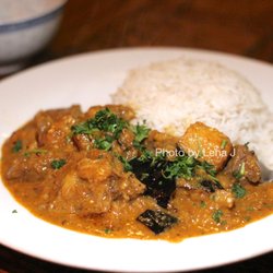 Cafe Tibet - Vegan Restaurant - 21. Dhooloma Sha-tsel with Lamb ($16.49) - Sliced eggplant sauteed with Himalayan spice, onion, ginger, garlic, and tomatoes over rice