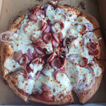 Domino's Pizza - BBQ sausage and onion pizza. Mega topped. Large sized. Highly enjoyable and mouth watering as well. - Pizza Near Me - Hampton Park, VIC