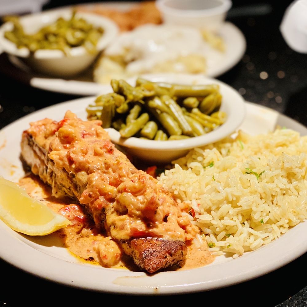 Two Frogs Grill - Moi got Blackened salmon topped w Valentine's day special tomato cream crawfish sauce, rice & green beans Excellent :)... - American Near Me - Ardmore, Oklahoma Two Frogs Grill - Moi got Blackened salmon topped w Valentine's day special tomato cream crawfish sauce, rice & green beans Excellent :)... - American Near Me - Ardmore, Oklahoma