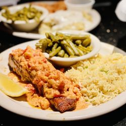 Two Frogs Grill - Moi got Blackened salmon topped w Valentine's day special tomato cream crawfish sauce, rice & green beans Excellent :)...