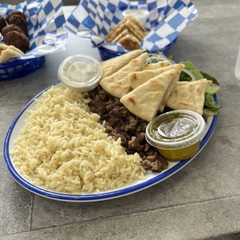 Geitonia Greek Grill - Lamb gyro plate with rice pilaf, greek salad and pita - Greek Near Me - Valparaiso, Indiana
