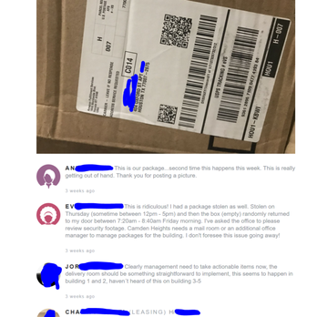 Camden Heights Apartments - Anonymized image from the private message board, showing example of package theft - Apartments Near Me - Houston, Texas