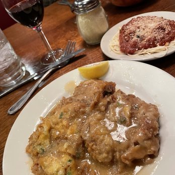 Provino's Italian Restaurant - Veal Francese with a side of angel hair topped with marinara sauce. - Italian Near Me - Cumming, Georgia
