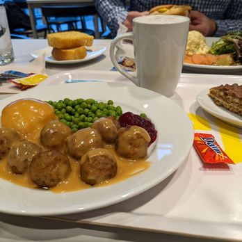IKEA Restaurant - Swedish meatball platter on left. Almond cake on right which comes with piece of Daim chocolate - Coffee & Tea Near Me - Nottingham, Maryland