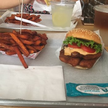 Milk Burger - Classic Fish Burger and sweet potato fries - Burgers Near Me - Bronx, New York Milk Burger - Classic Fish Burger and sweet potato fries - Burgers Near Me - Bronx, New York