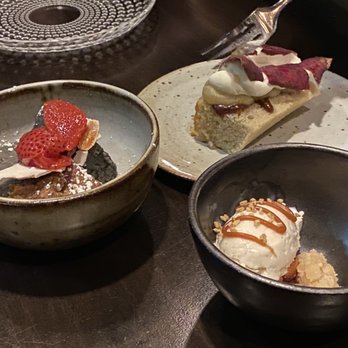 Bon Mot - Black sesame cheesecake left , sweet potato chiffon back right , vanilla ice cream front - Korean Near Me - Cupertino, California Bon Mot - Black sesame cheesecake left , sweet potato chiffon back right , vanilla ice cream front - Korean Near Me - Cupertino, California