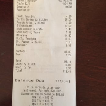 La Morenita - Help me understand how they are going to demand a 18% tip for bad service and then add tax on top of the tip (gratuity) - Mexican Near Me - Modesto, California La Morenita - Help me understand how they are going to demand a 18% tip for bad service and then add tax on top of the tip (gratuity) - Mexican Near Me - Modesto, California