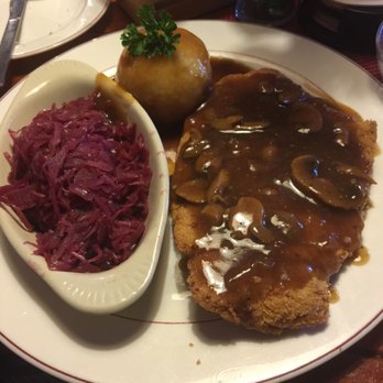 Zur Kate - jager schnitzel with red cabbage and a potato dumpling. Use the dumpling to wipe up your plate! - German Near Me - Mesa, Arizona Zur Kate - jager schnitzel with red cabbage and a potato dumpling. Use the dumpling to wipe up your plate! - German Near Me - Mesa, Arizona