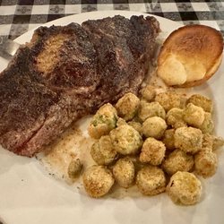 Mama-N-Ems Southern Kitchen - 18oz Ribeye Steak, Fried Okra, and Peach Muffin