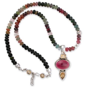Glimmerdream - Probability: Deep pink rhodolite garnet & citrine on multi-colored translucent tourmaline. Sterling silver & citrine clasp. - Jewelry Near Me - San Jose, California Glimmerdream - Probability: Deep pink rhodolite garnet & citrine on multi-colored translucent tourmaline. Sterling silver & citrine clasp. - Jewelry Near Me - San Jose, California