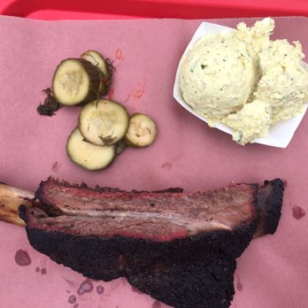 la Barbecue - Beef rib, potato salad, and pickle chips - Barbeque Near Me - Austin, Texas la Barbecue - Beef rib, potato salad, and pickle chips - Barbeque Near Me - Austin, Texas