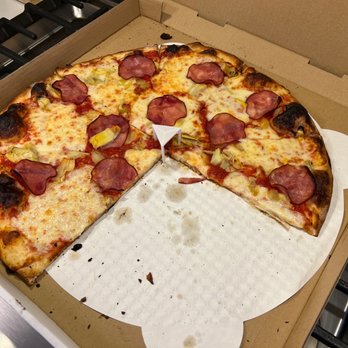 Johnny Mo's Pizzeria - Johnny Mo's 18" NY PIZZA with Canadian Bacon & Artichoke hearts. Well done. - Pizza Near Me - Seattle, Washington