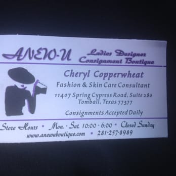 Anew-U Ladies Resale Boutique - Business Card - Used, Vintage & Consignment Near Me - Tomball, Texas Anew-U Ladies Resale Boutique - Business Card - Used, Vintage & Consignment Near Me - Tomball, Texas