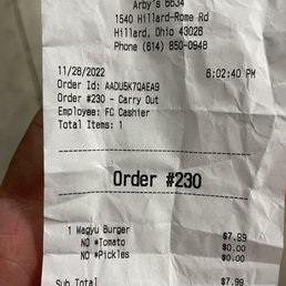 a receipt for a restaurant
