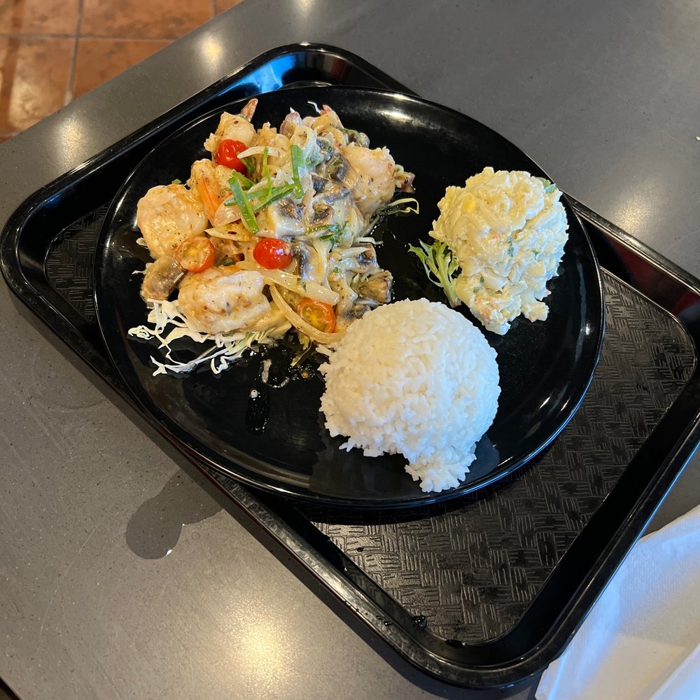 Cafe Moon - Garlic shrimp with a side of mac salad - Korean Near Me - Kihei, Hawaii