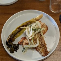 Oddfellows Wine Bar - Lake Superior whitefish with herb crust, Carolina slaw, and braised leek