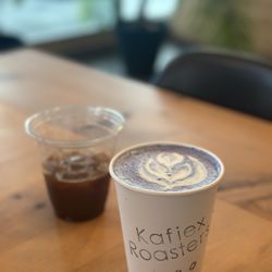 Kafiex Roasters - Coffee Lab - Blue matcha latte with honey and double shot of doppio iced with sugar feee vanilla