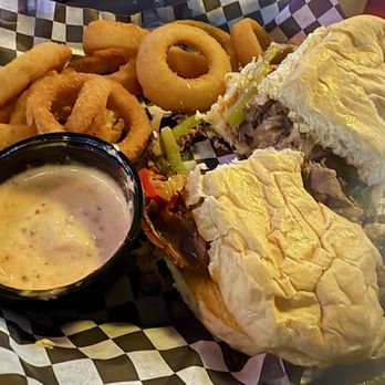 The Galaxy Restaurant - Philly Cheesesteak with onion rings - New American Near Me - Wadsworth, Ohio The Galaxy Restaurant - Philly Cheesesteak with onion rings - New American Near Me - Wadsworth, Ohio