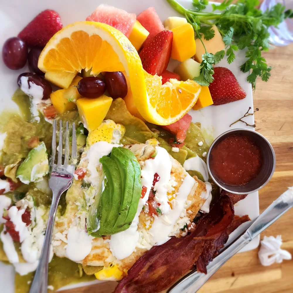 Naked Cafe - Delicious Chiliquiles   fresh  fruit  side - Breakfast & Brunch Near Me - Encinitas, California