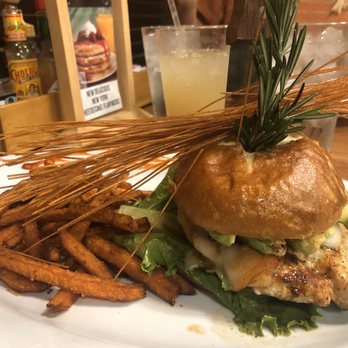Chops & Eggs - Chicken burger with sweet potatoe fries (the garnish is fried angel hair pasta and rosemary- creative!) - New American Near Me - Corpus Christi, Texas Chops & Eggs - Chicken burger with sweet potatoe fries (the garnish is fried angel hair pasta and rosemary- creative!) - New American Near Me - Corpus Christi, Texas