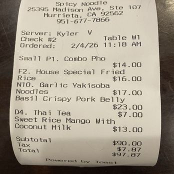 Spicy Noodle - Receipt - Thai Near Me - Murrieta, California Spicy Noodle - Receipt - Thai Near Me - Murrieta, California
