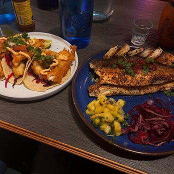 Arre Sinaloa - Cod fish tacos with a spicy aioli. Branzino with shrimp, pineapple salsa and pickled cabbage. - Mexican Near Me - Union City, New Jersey