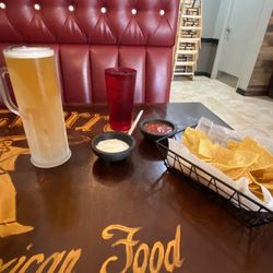 El Charro - Blue moon in a frosted mug with chips and salsa.