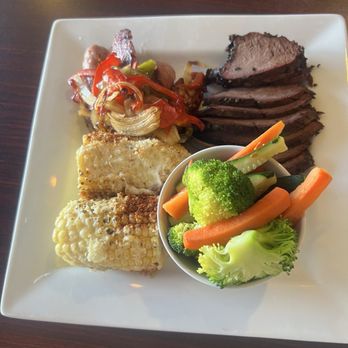 Pig N Pig - Two meat plate. Tri-Tip and house sausage with corn elote and steamed veggies - Barbeque Near Me - Fullerton, California