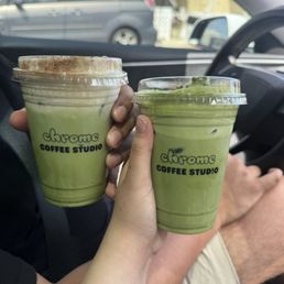 Banana cream matcha latte and chrome matcha latte
