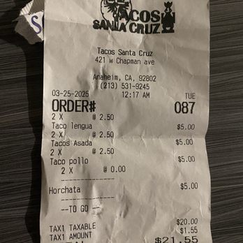 Tacos Santa Cruz - FOOD RECEIPT - Tacos Near Me - Anaheim, California