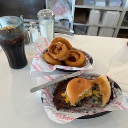 Schoops Hamburgers - Cheese burger, onion rings, and a root beer.