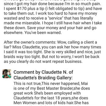 Claudette's Braiding Gallery - Owner's original reply. I guess customers who leave honest reviews are liars. - Hair Salons Near Me - Takoma Park, Maryland