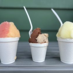 Miko's Italian Ice - L to R- Watermelon and cantelope. Then choc and banana chip. Lastly pineapple and raspberry.
