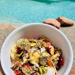 Sprouts Farmers Market - Steel cut oatmeal with fresh strawberry banana walnut pistachio hemp seed bee pollen honeycomb nut butter