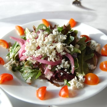 The Wharf - JP's Salad with greens, pickled onions, tomatoes and blue cheese - yum! - Seafood Near Me - Fort Bragg, California The Wharf - JP's Salad with greens, pickled onions, tomatoes and blue cheese - yum! - Seafood Near Me - Fort Bragg, California