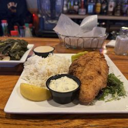 Knotty Pine On the Bayou - Catfish Filet with Rice and Gravy and Collard Greens