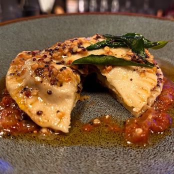 Lore - Roti Ravioli (eggplant, spaghetti squash, vindaloo sauce, pomegranate) - Indian Near Me - Brooklyn, New York