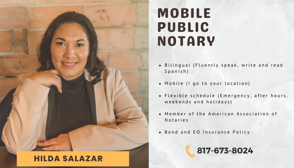 HILDA MOBILE NOTARY SERVICE BILINGUAL Updated May 2024 Request a Quote Fort Worth, Texas