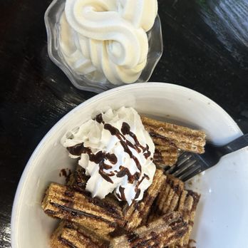 Funburger - churro bites with vanilla soft serve cup - Burgers Near Me - Valencia, California Funburger - churro bites with vanilla soft serve cup - Burgers Near Me - Valencia, California
