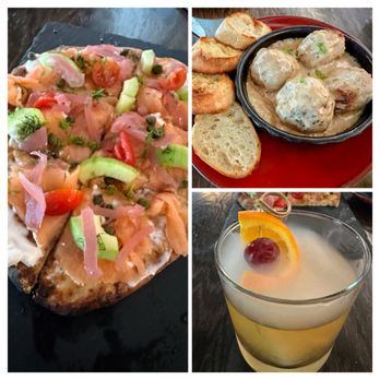 V Lounge - We had the smoking plumb cocktail along with few others not pictured and the danish meatballs and the salmon flatbread. - New American Near Me - Solvang, California V Lounge - We had the smoking plumb cocktail along with few others not pictured and the danish meatballs and the salmon flatbread. - New American Near Me - Solvang, California