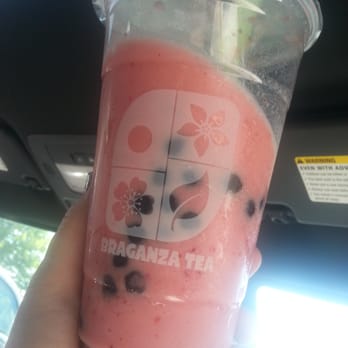 Braganza Tea - Strawberry coconut with tapioca pearls.  And their new cup design! - Coffee & Tea Near Me - Happy Valley, Oregon