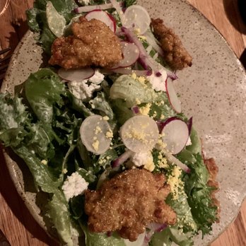 Husk - Vertical Roots Lettuces, Cornmeal Fried Oysters, Radish, SC Feta, Egg Yolk, Dill Buttermilk - American Near Me - Charleston, South Carolina Husk - Vertical Roots Lettuces, Cornmeal Fried Oysters, Radish, SC Feta, Egg Yolk, Dill Buttermilk - American Near Me - Charleston, South Carolina