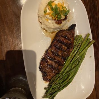 LongHorn Steakhouse - NY strip, loaded mashed potatoes and asparagus (hubby's meal) - Steakhouses Near Me - Albany, New York