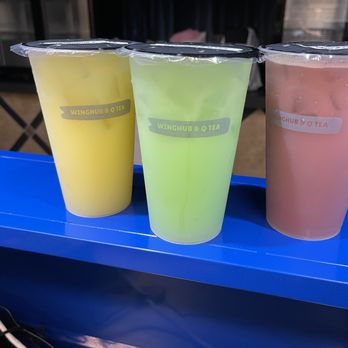 WingHub & QTea - three drinks on a blue table - Chicken Wings Near Me - Pine Bluff, Arkansas